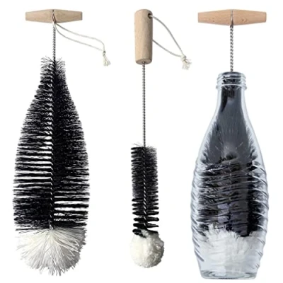 Imagen de Grunda Juego de 2 cepillos para botellas 35 cm, compatibles con cristal Sodastream, cabezal lana biberones, burbujas, limpieza sin arañazos