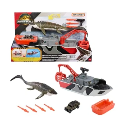 Imagen de Mattel Jurassic World: El Renacer Matchbox barco de rescate y mosasaurio, Conjunto juego, dinosaurio, Jeep metálico, misiles arpón bote desmontable, JGG61