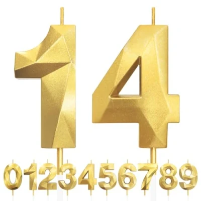 Imagen de Velas de 14 Cumpleaños Dorado, 3D Número 14, Vela para Pasteles, Feliz Cumpleaños,Velas Decoraciones Cumpleaños, Fiestas, Bodas, Aniversarios