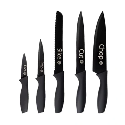 Imagen de MasterChef Cuchillos Cocina, Set Cuchillo de Chef (Carne, Sierra por Pan, Verduras y Pescados), Colección Acero Inoxidable con Asas Suaves al Tacto, Multifuncional, 5 Piezas, Negro, Captions