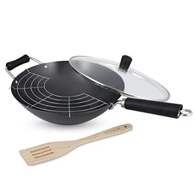 Imagen de Ken Hom Wok Set 4 Piezas Acero Carbono Antiadherente, 31cm, Excellence, Sartén de Inducción/Compatible con Herramientas Metálicas, Apto Para Lavavajillas, 5 Años Garantía, KH431041
