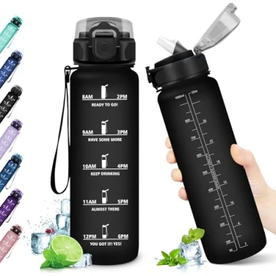 Imagen de KollyKolla Botella Agua 1 litro, Motivadora, de con Pajita, Prueba Fugas, Reutilizable Cantimplora para Adulto, Colegio, Gimnasio, Oficina, Bicicleta, Gym, Fitness