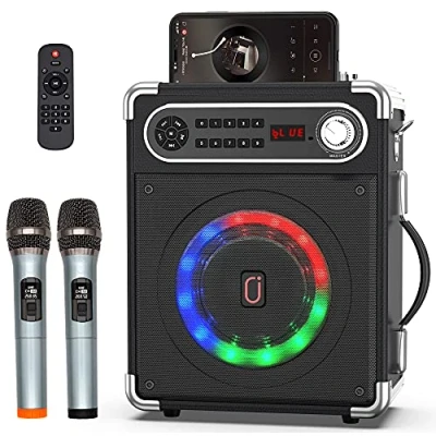 Imagen de JYX Altavoz Karaoke con 2 Micrófonos Inalámbricos, Máquina de Portátil DJ Luces, Altavoces Bluetooth Sistema PA Soporte FM/USB/TF Card/REC/AUX para la Party Fiesta