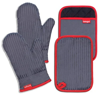 Imagen de Coziselect Guantes de Horno, Cocina Resistentes al Calor y Juego Mantel Individual, Diseño Antideslizante Silicona, Adecuado para Cocinar, Hornear, Asar a la Parrilla, Gris