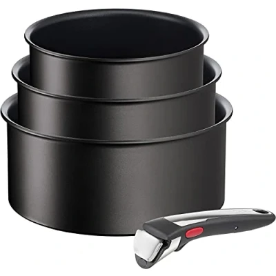 Imagen de Tefal Ingenio Unlimited On Juego de 3 + mango extraíble: cazos 16/18/20 cm, intercambiable, sartenes antiadherentes, revestimiento titanio, Thermo signal, apto lavavajillas