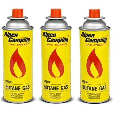 Imagen de Alpen Camping Butano 3 cartuchos de gas 400 ml para hornillo gas, camping, quemador soldadura, ml, EN417 (3 unidades)