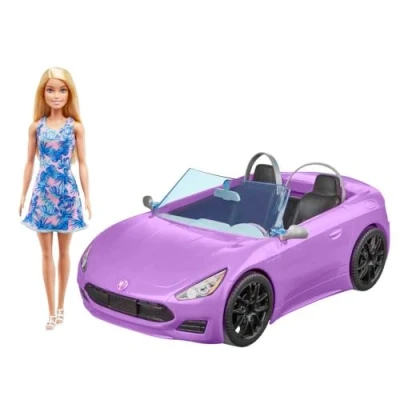 Imagen de Barbie con descapotable Muñeca rubia coche de juguete morado para muñecas, regalo niñas y niños +3 años (Mattel HBY29)