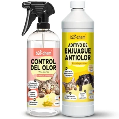 Imagen de bio chem Juego de eliminador olores gato en aerosol 750 ml + lavado ropa 1 l, microbiológico y eficaz, contra el olor animales textiles superficies