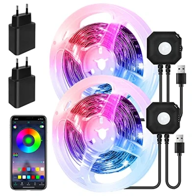 Imagen de HOUHUI Tiras LED 3M con Sensor de Movimiento,Luces RGB Debajo la Cama Activadas por Movimiento PIR,USB Temporizador Apagado Automático, Para cama,Escaleras, Armario(2 piezas)