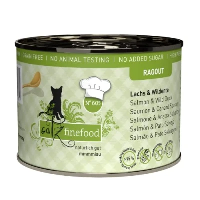 Imagen de catz finefood Ragout N 605 Comida húmeda para Gatos con salmón y Pato, en Salsa sin Cereales azúcar Alto Porcentaje de Carne, 6 latas 190 g