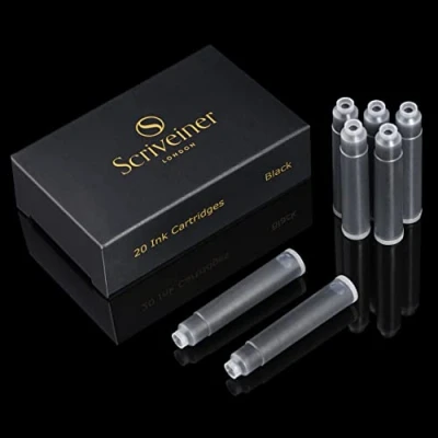Imagen de Cartuchos de Tinta para Pluma Estilográfica Scriveiner Negro 20 Estándar Internacional, Fabricados en el Reino Unido Compatible con una Amplia Gama Plumas Estilográficas