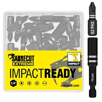 Imagen de 21 x SabreCut SCPA25_21PH Juego de puntas destornillador impacto PH2 25 mm un solo extremo Phillips n.º 2 servicio pesado que incluye portapuntas y caja almacenamiento