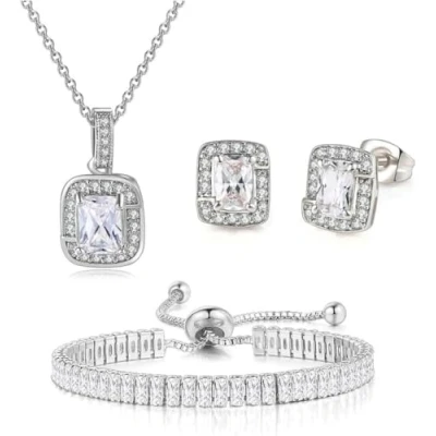 Imagen de FDEETY Conjunto Joyas Mujer para Novia Diamantes de Imitación Incluye Collar Pulsera Pendientes Juego Boda Honor Baile Graduación Bisutería (Plata)