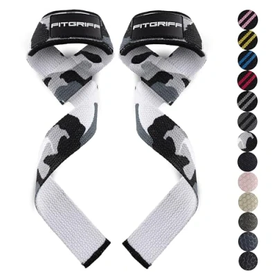 Imagen de Fitgriff® Straps Gym, Correas Levantamiento de Pesas, Powerlifting, Agarraderas Gimnasio Lifting Mujeres y Hombres (Estándar (más 16cm muñeca), Camo Grey)