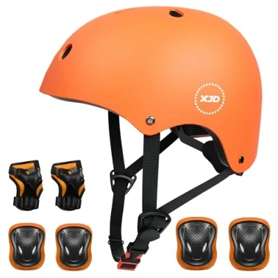 Imagen de XJD Casco de Ciclismo para Niños y Protecciónes Infantiles Incluye Rodilleras Coderas Muñequeras Adjustables 7 Piezas Patínes Patinete 3 a 13 Años(Naranja M)