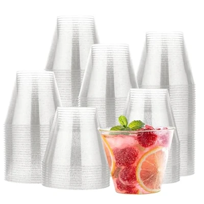 Imagen de MATANA 120 Vasos Transparentes de Plástico Duro con Brillo Plateado (255ml / 9oz) Resistentes y Reutilizables para Cumpleaños, Bodas, Navidad, Pascua, Barbacoas, Fiestas