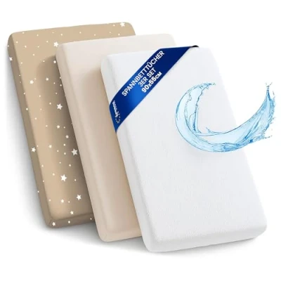 Imagen de sábanas Ajustables para Cochecito de bebé Juego 3: 90 x 55 cm 2 + 1 Protector colchón Impermeable Accesorios Cuna y minicuna Jirafas