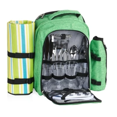 Imagen de CampFeuer Mochila de Picnic con 32 Piezas para 4 Personas Color Verde Menta Jaspeado Incl. Portabotellas, Manta Picnic, Compartimento Nevera y Utensilios Camping Isotérmica