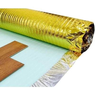 Imagen de Imperial Studios Confort Gold Underlay Base acústica dorada de 3 mm para barrera suelo madera o laminado más membrana a prueba humedad, gran aislamiento acústico y térmico