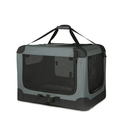 Imagen de Amazon Basics Transportín portátil plegable de 4 puertas para perros y gatos, Gris, S 66 cm x 46
