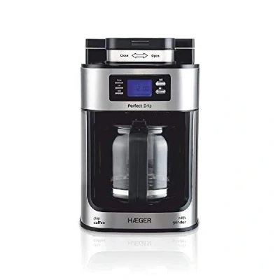 Imagen de HAEGER Drip Cafetera de Goteo automática con Molinillo, 1050W, Capacidad: 1,2L Plato calentado para Mantener Caliente, Capacidad Molino: 60g, Pantalla LCD, Temporizador 24 Horas