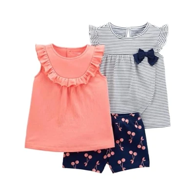Imagen de Simple Joys by Carter&#039;s 3 Piece Playwear Set Conjunto de Camiseta, Azul Marino Rayas/Melocotón/Cereza, 18 Meses bebés niñas