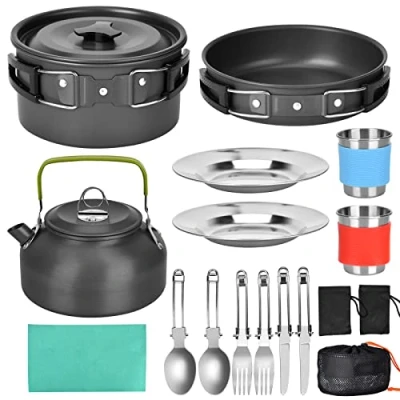 Imagen de DUOJIN Kit de Utensilios Cocina Camping para 1 2 Personas Ollas Aluminio Ligero Vajilla Cocinar al Aire Libre Libre/Camping/Senderismo