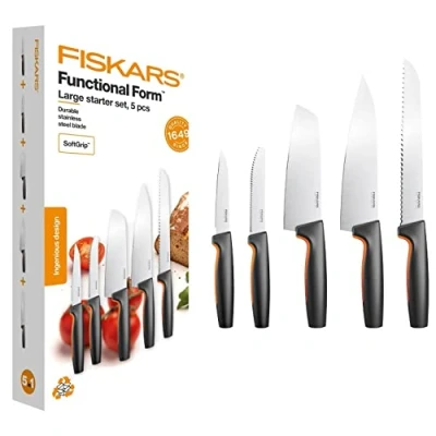 Imagen de Fiskars Set de 5 cuchillos cocina, Functional Form, Incl. Cuchillo chef (grande), verduras, tomates, Santoku y para pan, Acero inox japonés/plástico, 1057558