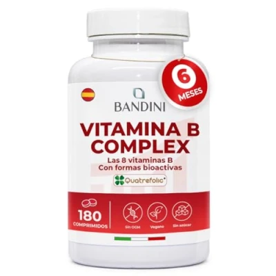 Imagen de Bandini® Vitamina B Complex 180 Comprimidos Veganos (6 Meses) con forma bioactiva de primera calidad Quatrefolic® Complejo Completo Ácido Fólico, Biotina, B1, B2, B3, B5, B6, B12