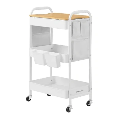 Imagen de SONGMICS Carro de 3 Niveles, con Estante, 2 Contenedores Colgantes Extraíbles, 6 Bolsillos Laterales, para Sala Estar, Estudio, Cocina, Baño, Blanco Nube LRC036W01