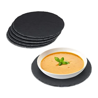 Imagen de Relaxdays Set de 6 Platos Pizarra Redondos, 25 cm, para Servir y Escribir, Buffet, Bandeja Piedra Cuadrada, Antracita