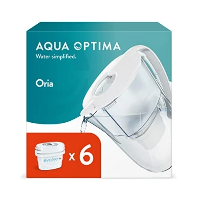Imagen de Aqua Optima Oria Jarra de Filtro Agua y 6 Cartuchos Evolve+ 30 Días, Capacidad 2,8 litros, Para la Reducción Microplásticos, Cloro, Cal e Impurezas, Blanco