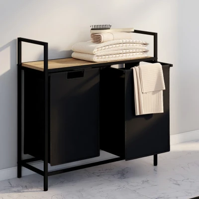 Imagen de DETROIT Cesto para la ropa de 2 compartimentos en tejido negro, diseño industrial
