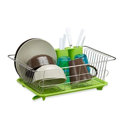 Imagen de Relaxdays Escurreplatos con Escurridor Cubiertos, Bandeja y Salida Agua, Acero Inoxidable, 15,5x40x30 cm, Verde Plateado, 15.5 x 40 30 cm
