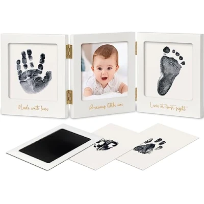 Imagen de Kit de huella y mano del bebé para niños niñas recién nacidos Creador sin tinta, Marco recuerdo imagen bebé, Nuevos regalos mamá (White/Gold)