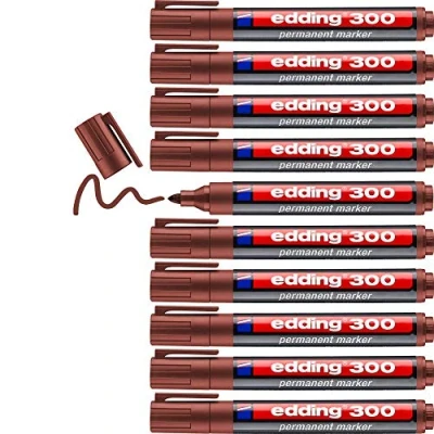 Imagen de edding 300 marcador permanente marrón 10 rotuladores punta redonda 1,5 3 mm resistente al agua, de secado rápido, indelebles para cartón, plástico, vidrio, madera, metal