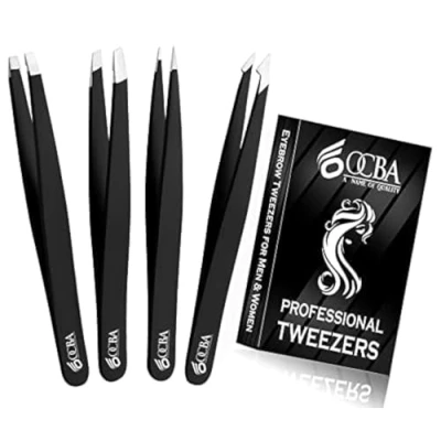 Imagen de OCBA 4 piezas Pinzas para cejas de depilar depilación Punta mejorada profesionales con acabado antideslizante funda incluida