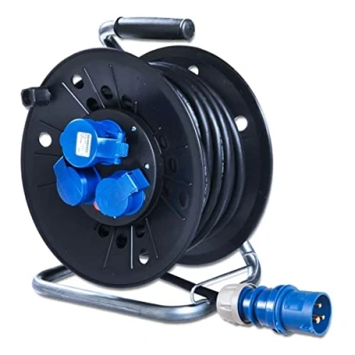 Imagen de Alargador de cable camping CEE con 25 m goma H07RN F 3G2,5 3 x 2,5 mm, 230 V, 16 A y enchufe + 2 enchufes Schuko IP44 enrollador