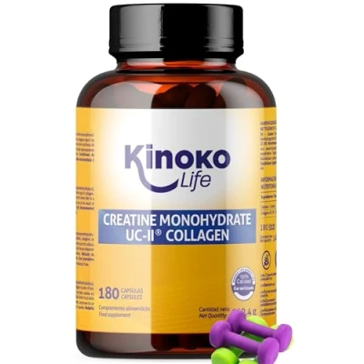 Imagen de Kinoko Life Creatina Monohidratada 3000mg con UC II COLÁGENO 180 cápsulas. Pre Entreno Workout. Monohidrato de Micronizada Pura. Para Articulaciones, Músculos