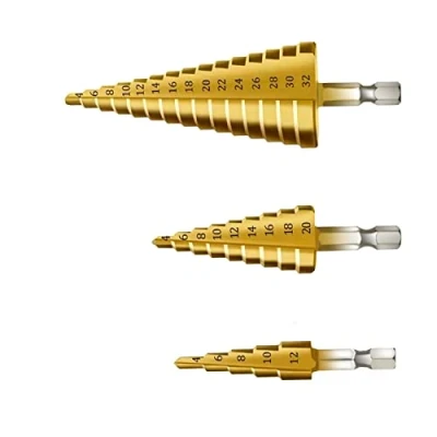 Imagen de 3 Pcs Paso Brocas Escalonadas, Cónicas HSS Titanio, Vástago Hexagonal, 4 12/20/32mm Cortador de Agujeros para Madera y Metal