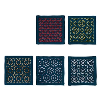 Imagen de olympus Thread Hitomezashi Sashiko Juego de posavasos para punto cruz, 5 unidades, color azul marino con hilo fino estampado