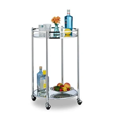 Imagen de Relaxdays Carrito Cocina con Ruedas, Camarera 2 Baldas Redondas, Carro Auxiliar Acero, Espejado, 75 x 50 cm, Plateado, Vidrio