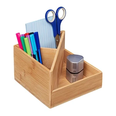 Imagen de Relaxdays Organizador Portabolis para Escritorio 3 Compartimentos, Portalápices Bambú, 10,5 x 16,5 cm, Natural, Tablero de Fibras