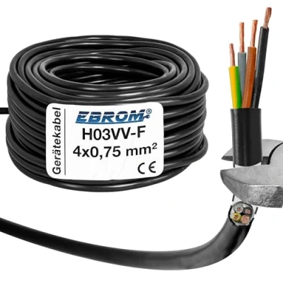 Imagen de Conducto flexible de plástico cables alimentación, redondo, LED H03VV F 4 x 0,75 mm² (mm²) 4G0,75 Color: Negro 10 m/15 m/20 m/25 m/30 m/35 m/40 m/45 m/50 m/55 m/60 m, etc. hasta 250 m en tramos 5 metros