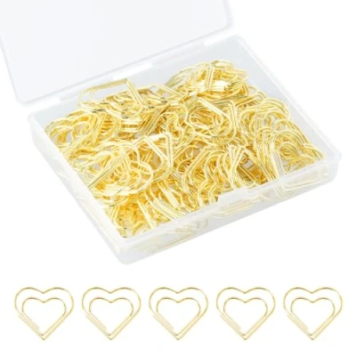 Imagen de Anseom 100 clips de papel con forma corazón dorado, juego caja transparente 2,8 cm, ideal para clasificar y fijar documentos, en corazón, pinzas