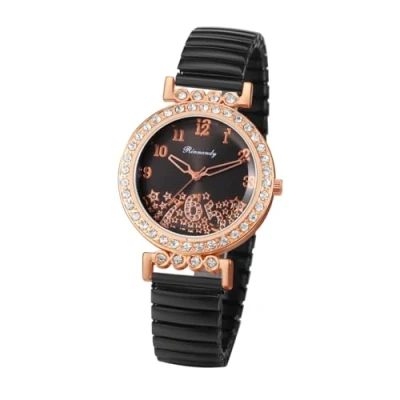 Imagen de JewelryWe Reloj Correa Elástica Mujer: de Cuarzo Analógico Redondo con Circonita Negro para Señora Escala Números Arábigos Acero Inoxidable Extensible Ocio Negocios Regalo