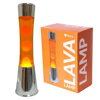 Imagen de Fisura Lámpara de lava naranja. Base plateada cromada, líquido naranja y efecto relajante. Con bombilla repuesto. 11 x 39,5