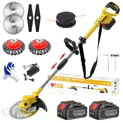 Imagen de Desbrozadora Batería 21V, Cortabordes Bateria Brushless 4 En 1 con 2 Baterías 4,0Ah, Cepillo de Malas Hierbas, Mango Ajustable, Tubo Telescópico, Cabezal Pivotante 90 para Césped Jardín Poda