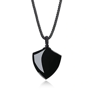Imagen de COAI Collar con Colgante Escudo de la Fe Obsidiana Negra Piedra Natural para Hombre