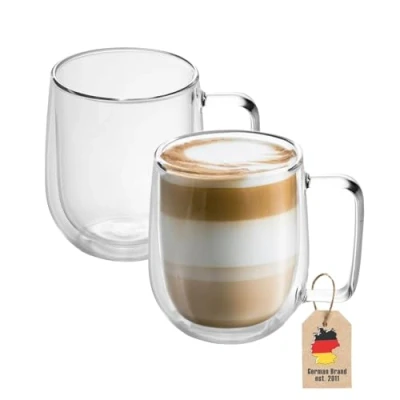 Imagen de INTIRILIFE Juego de 2X Vasos térmicos Doble Pared 150 200ml con Boca soplada aislados para Cappuccino Espresso, té café Latte Macchiato Tazas, Efecto Flotante asa